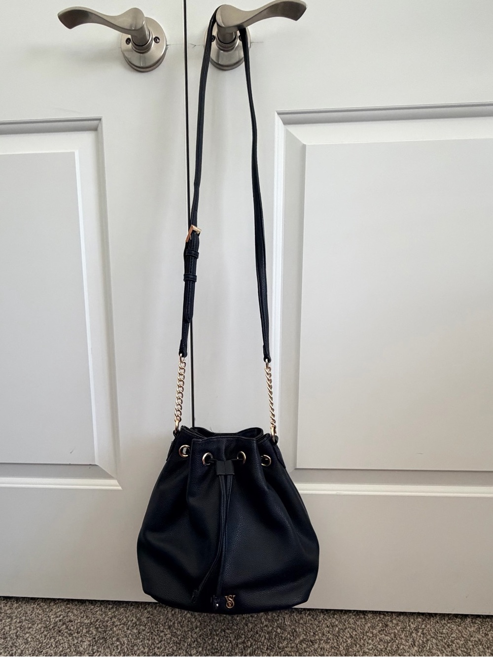 Victoria Secret Black Drawstring Bucket Crossbody Bag with Gold Chain